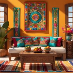 a living room filled with lots of furniture and colorful pillows on top of the couch