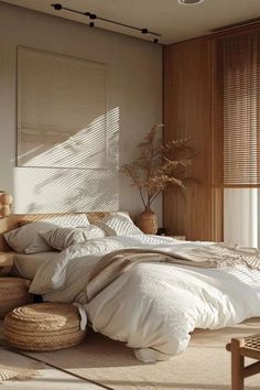 a large bed sitting in a bedroom next to a window with blinds on the windowsill