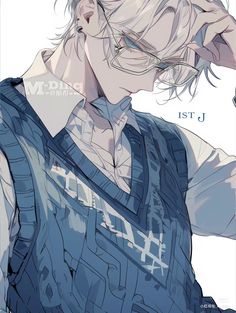 an anime character with blonde hair and glasses on his head, looking to the side