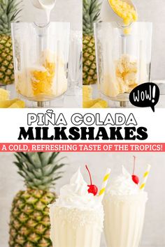 Pina Colada Milkshakes with vanilla ice cream and crushed pineapple are a cold, refreshing taste of the tropics! Blend up a batch of these to beat the summer heat. Delicious with or without the rum! It's the perfect summer dessert for your next party! Pina Colada Milkshake Recipe, Pina Colada Recipe With Ice Cream, Ice Cream Coconut, Oreo Milkshake Recipe, Yummy Milkshake Recipes, Milkshake Drink, Pineapple Ice Cream, Ice Cream Smoothie