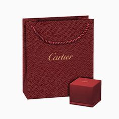 a red paper bag with the word carrier on it and a small box next to it