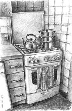 a drawing of a stove with pots and pans on the burners in it