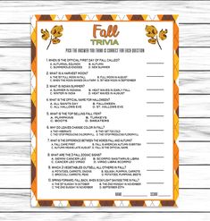 the fall trivia game is shown in orange and white