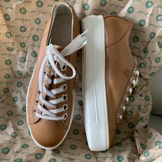 New! Buy Your Us Size Color Light Brown Cuoio Washed Leather Golden Pg Logo And Eyelets Approx 1.5” Platform Pg Logo, Brown Leather Sneakers, Paul Green Shoes, Metallic Sneakers, Black Leather Sneakers, Top Sneakers Women, Lace Sneakers, Casual Sneakers Women, Green Brands