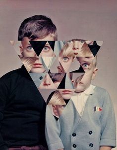 a man and woman standing next to each other in front of a collage of faces