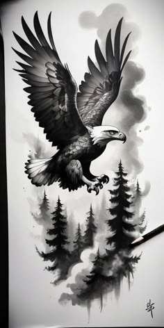 an eagle flying through the air with trees and clouds in the background, on top of a sheet of paper