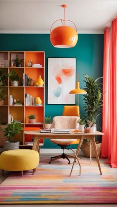 an office with orange and blue walls, colorful rugs, yellow chair, and desk