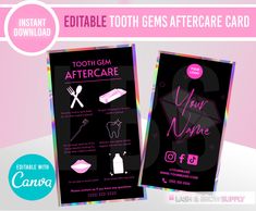 "Tooth Jewelry Aftercare, Teeth gems Aftercare dental jewelry, Aftercare card, Esthetician, Tooth gems ❗️❗️❗️❗️❗️❗️❗️❗️ONLY A DIGITAL FILE NO 🚫 PHYSICAL PRODUCT❗️❗️❗️❗️❗️❗️❗️❗️ ❗️❗️❗️❗️❗️❗️❗️❗️ONLY EDITABLE ON THE COMPUTER❗️❗️❗️❗️❗️❗️❗️ ➡️ What's included: - (1) Tooth Jewelry aftercare card 2x3.5inch ➡️ What is editable? -Background -Change the font style and change the text -Add your logo -Change any colors you'd like ➡️ How to retrieve your DIY files through Canva ⬅️ After purchasing, you'll Teeth Gems, Dental Jewelry, Tooth Jewelry, Background Change, Tooth Gems, Beauty Room Decor, Tooth Gem, Teeth Jewelry, Beauty Make-up