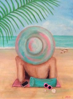 a painting of a man sitting on the beach with a hat and sunglasses in his lap