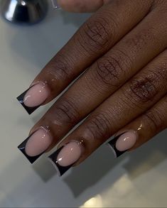 Short Black French Tip, Short Black French Tip Nails, Black Frenchies, Black And Nude Nails, Black French Tip Nails, Black French Tip, Stylish Nails Designs