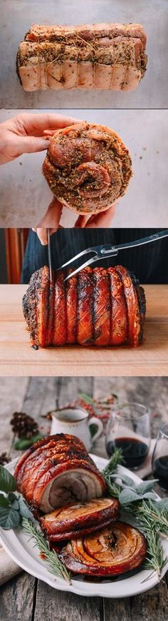 there are three different types of meats on the plate and one is being cut