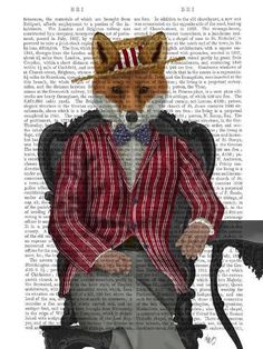 a drawing of a fox in a suit and tie sitting on a chair with an american flag hat