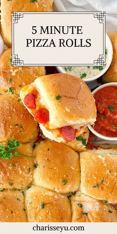 several different types of pizza rolls on a plate with dipping sauce and ketchup