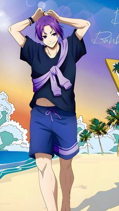 a man with purple hair and blue shorts walking on the beach in front of palm trees