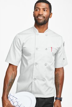 This chef coat keeps it simple with cool fabric and easy double-breasted styling. Stand collar. Short sleeves. A center back vent for ease. You don’t fade when the heat is on – and neither will Chef Lightweight. Crisp blended fabric won’t weigh you down, stays cool and vibrant wash after wash • Classic Fit • Stand collar • Double breasted • Button closure • Total of 2 pockets • 1 single-welt chest pocket • 1 thermometer pocket on left sleeve • Short sleeves • 2-piece back • Center back vent • Ap White Short Sleeve Outerwear For Work, Modern Fitted Short Sleeve Outerwear, Chefs Uniform, Chef Uniforms, Bistro Apron, Chef Wear, Chef Uniform, Chef Coat, Compression Wear