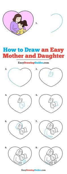 how to draw an easy mother and daughter in the shape of a heart with instructions