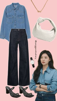 Hong Hae In Kim Ji Won Queen of Tears KDrama Inspired Outfit Blue Denim Jeans OOTD Kd Outfits, Modest Casual Outfits, Denim On Denim