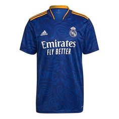 the real madrid jersey is shown in blue and yellow