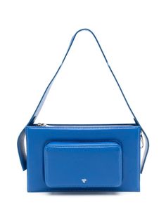 royal blue ovine leather rectangle shape logo print to the front top zip fastening front zip-fastening pocket adjustable shoulder strap Luxury Blue Baguette Bag, Luxury Blue Rectangular Baguette Bag, Modern Blue Rectangular Baguette Bag, Luxury Blue Baguette Bag For Everyday Use, Modern Blue Shoulder Box Bag, Blue Rectangular Baguette Bag With Adjustable Strap, Blue Rectangular Bag With Zipper Pocket, Blue Leather Baguette Bag For Everyday Use, Blue Baguette Tote Bag With Removable Pouch