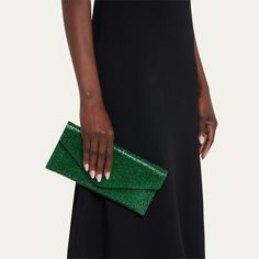 Judith Leiber Couture satin clutch bag. Fully beaded in the finest European crystals. Chain strap can be tucked inside, 9.5" drop. Envelope flap with magnetic closure. Interior, satin lining; one slip pocket. 5"H x 10"W x 0.8"D. Imported. Elegant Green Bag For Night Out, Elegant Magnetic Closure Envelope Evening Bag, Formal Envelope Evening Bag With Magnetic Closure, Green Pouch Evening Bag, Chic Envelope Evening Bag, Glamorous Envelope Clutch For Evening, Elegant Envelope Clutch With Magnetic Closure, Glamorous Evening Envelope Clutch, Elegant Envelope Evening Bag For Night Out