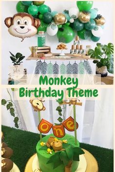 a monkey themed birthday party with green and gold balloons, jungle decorations, and monkeys on the cake