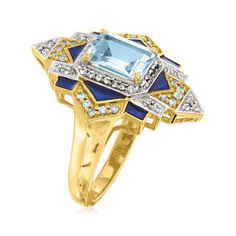 Ross-Simons - 2.10ct t. w. London Blue, Sky Blue, White Topaz Ring, Blue Enamel Over Sterling. Size 5. This eye-catching ring boasts a beautiful display of blue hues. In a geometric design, a 1.70 carat sky blue topaz is framed by .20 ct. t. w. white topaz, .20 ct. t. w. London blue topaz and blue enamel in polished 18kt yellow gold over sterling silver. 1" wide. White and blue topaz ring. Blue Topaz birthstones are the perfect gift for December birthdays. Sky Blue Topaz Ring, Opal Drop Earrings, Topaz Birthstone, Turquoise Drop Earrings, Fine Jewelery, Opal Pendant Necklace, Topaz Color, London Blue Topaz Ring, Black Onyx Ring