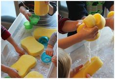 children are washing their hands with soap and sponges in the sink, while another child is