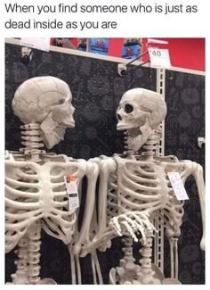 two skeletons standing next to each other with caption that reads, when you find someone who is just dead inside as you are