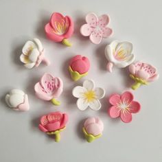 small pink and white flowers are arranged on a gray surface with chinese characters in the background