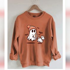 Ghost Walking A Dog Sweatshirt In Orange 2xl But Runs More Like A 1xl Long Sleeve Cotton T-shirt With Dog Print, Cotton Long Sleeve T-shirt With Dog Print, Relaxed Fit Cartoon Print Top For Fall, Fall Long Sleeve Tops With Dog Print, Casual Crew Neck Tops With Dog Print, Fall Crew Neck Top With Dog Print, Casual Dog Print Sweatshirt For Winter, Winter Crew Neck Top With Dog Print, Winter Dog Print Crew Neck Top