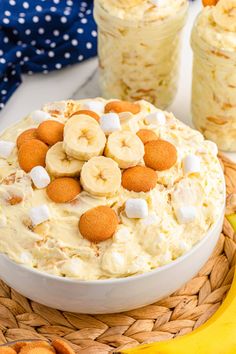 a banana pudding with marshmallows on top