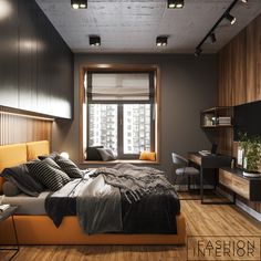 a bedroom with wood flooring and gray walls