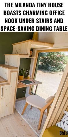 the inside of a tiny house with stairs and desks