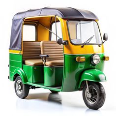 a small green and yellow vehicle with a seat on the front end, side view