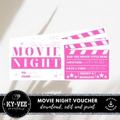 the movie night voucherer is displayed on a white wall with pink and black stripes