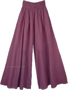 Wild Plum Wide Leg Cotton Palazzo Pants with Shirred Waist | Purple | Split-Skirts-Pants, Misses, Vacation, Beach, Solid