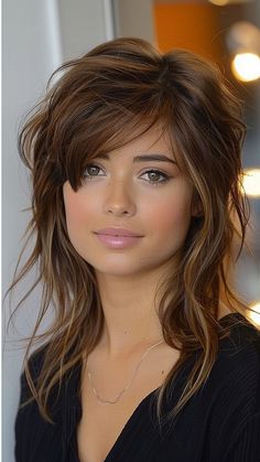 25 Layered Haircuts to Make a Statement in 2024 Medium Shag Round Face, Long Layers With Side Bangs Round Face, Popular Hair Trends 2024, Face Framing Layers Side Part, Face Framing Layers With Bangs, Trendy Layered Haircuts, Cut Side Bangs, Layered Hair Styles