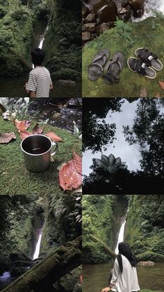 a collage of photos with people standing in front of a waterfall and shoes on the ground