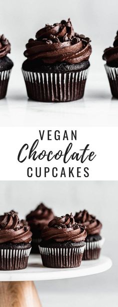 vegan chocolate cupcakes on a cake stand with the words vegan chocolate cupcakes above them