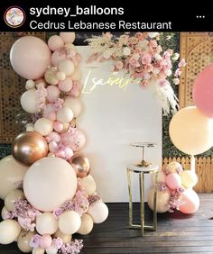 an image of balloons and flowers on the wall in front of a sign that reads sydney balloon