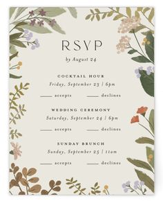 the floral wedding reception card is shown in white with green leaves and flowers on it