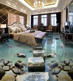 a bedroom with marble flooring and chandelier