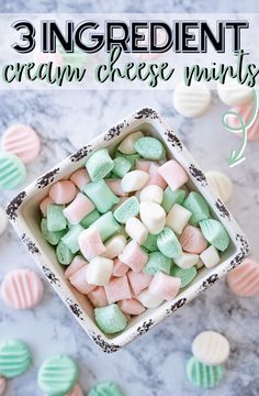 three ingredient crayon cheese mints in a small bowl with text overlay