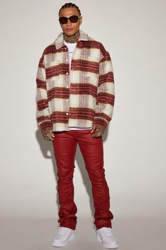 Available In Red/White. Fold Down Collar Long Sleeve Front Button Closure Disclaimer: Plaid Placement Will Vary 90% Polyester 10% Wool Imported | Mens Move Up Plaid Shacket in Red/White size XL by Fashion Nova Plaid Shacket, White Fashion, Black Border, Solid Black, Fashion Nova, Red White, Red And White, Men Casual, Plaid