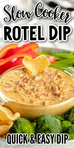 slow cooker rotel dip recipe in a bowl with tortilla chips on the side