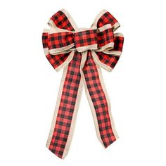 a red and black plaid bow on a white background