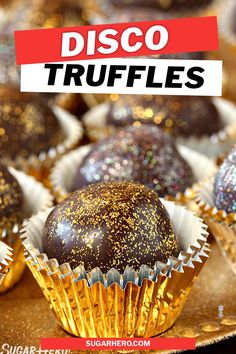 chocolate truffles with gold sprinkles on them and the words disco truffles