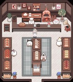 an overhead view of a kitchen and dining room in a pixel art style with food on the counter