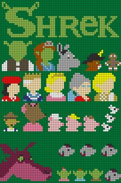 a cross stitch pattern with people and animals on green background, in the style of pixel art