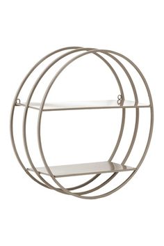 a round metal shelf with shelves on it